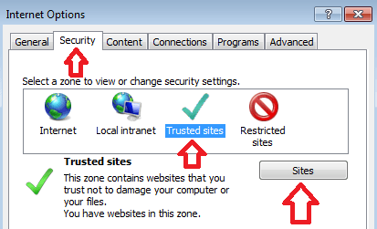 Screen capture of Internet Explorer Internet Options Security Tab